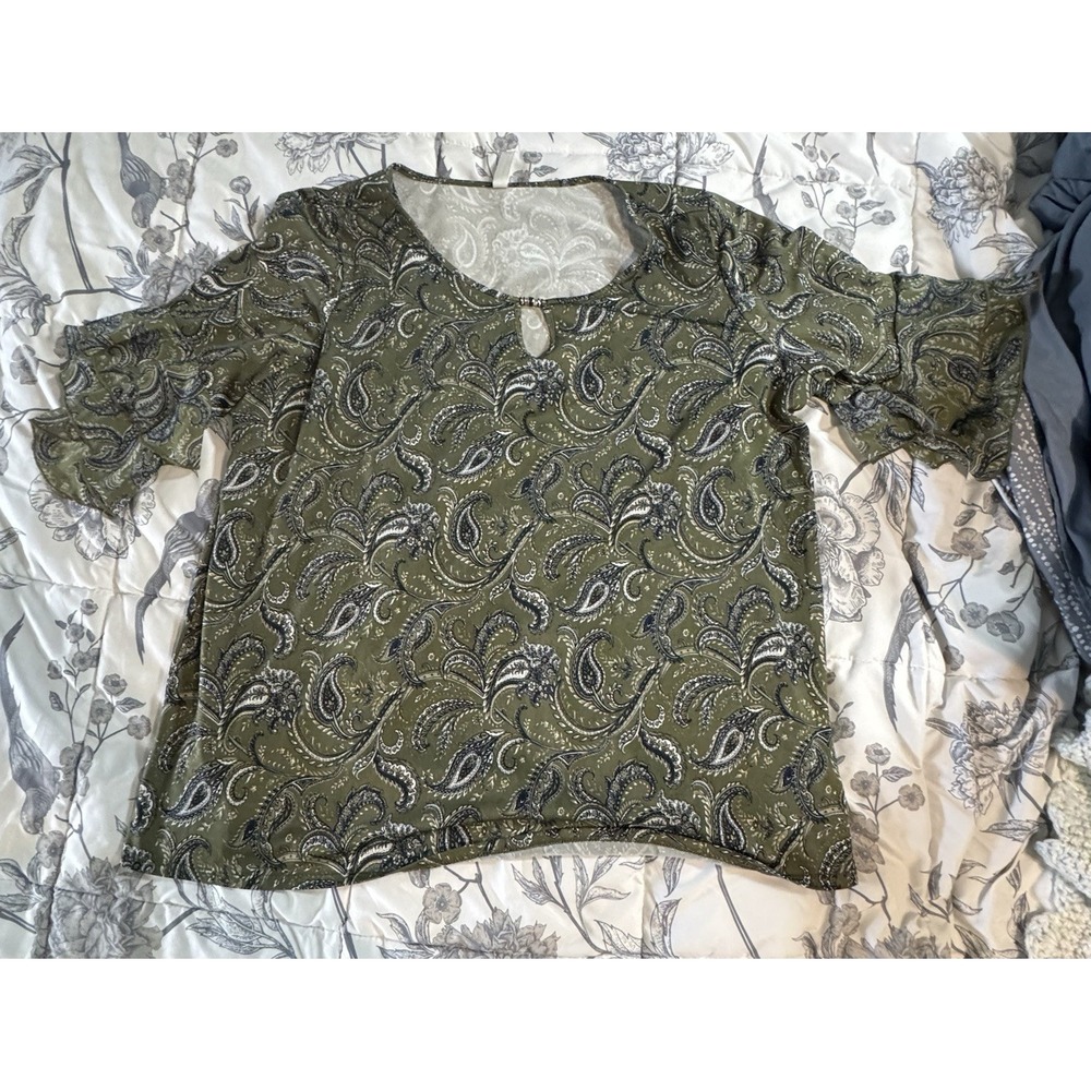 PerSeption Women Green Blue Paisley Print Short Ruffle Sleeve Scoopneck Shirt 3X